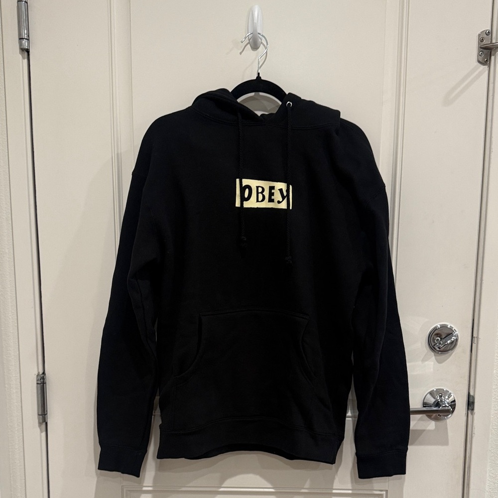 Obey Men’s Black Hoodie with Cream Logo Size Medium